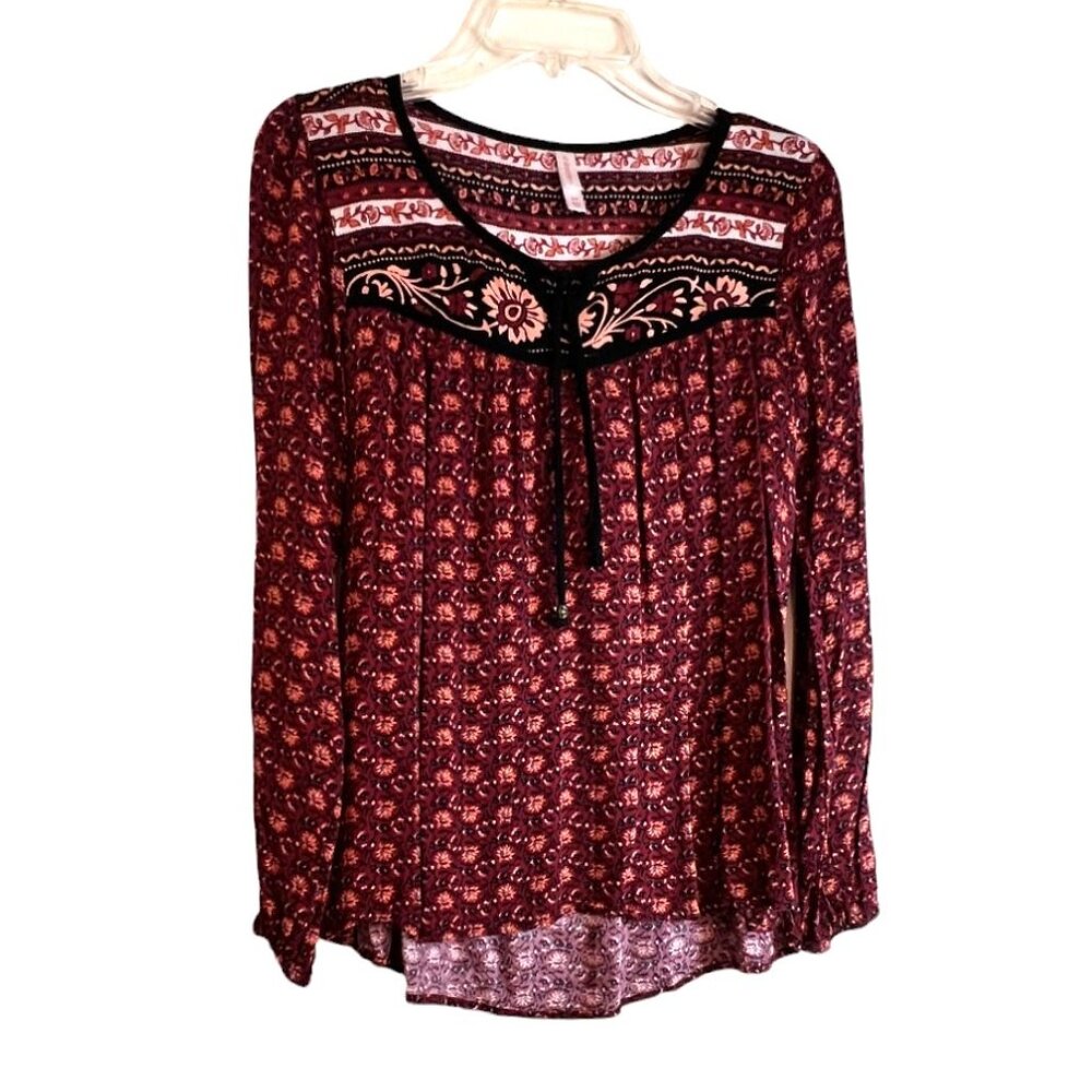 Xhilaration Burgundy & Black Floral Print Boho Top w/Black Tie Neckline, Sz S/P